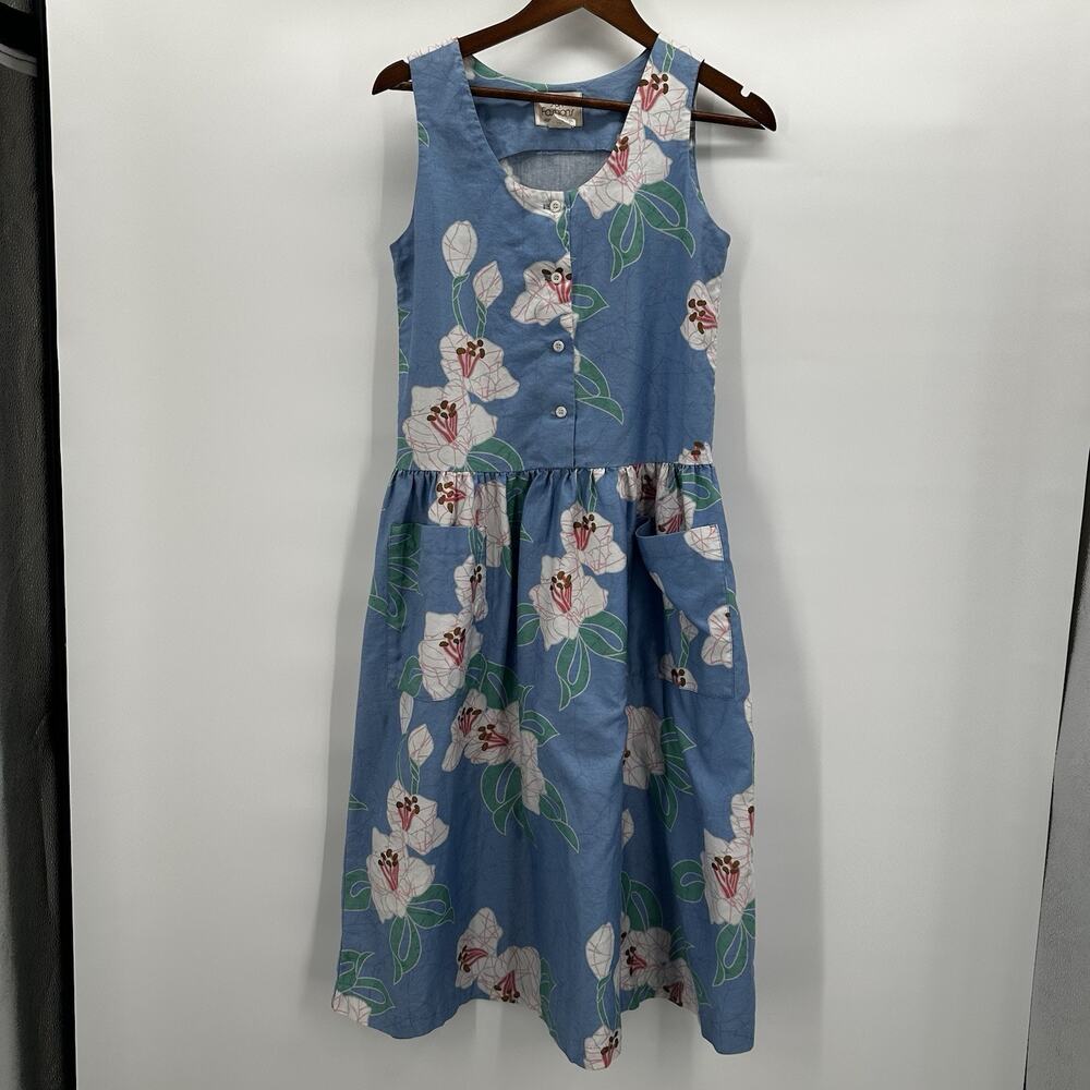 Vintage Sun Fashions Of Hawaii Dress Womens Small‎ Blue Floral Buttons Tropical